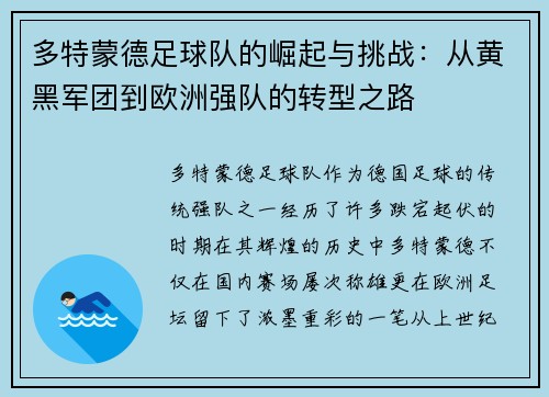 多特蒙德足球队的崛起与挑战：从黄黑军团到欧洲强队的转型之路