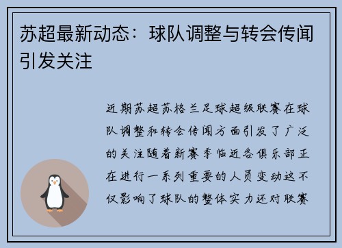 苏超最新动态：球队调整与转会传闻引发关注