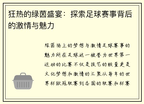 狂热的绿茵盛宴：探索足球赛事背后的激情与魅力
