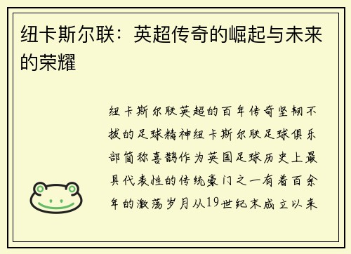 纽卡斯尔联：英超传奇的崛起与未来的荣耀