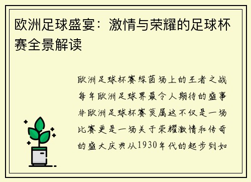 欧洲足球盛宴：激情与荣耀的足球杯赛全景解读