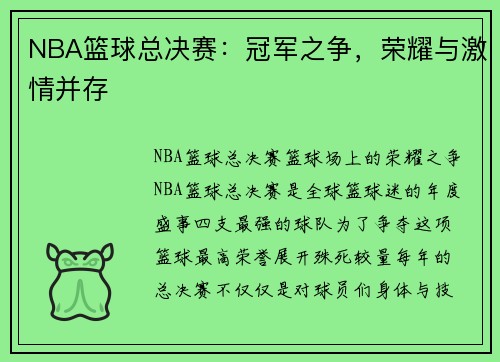 NBA篮球总决赛：冠军之争，荣耀与激情并存