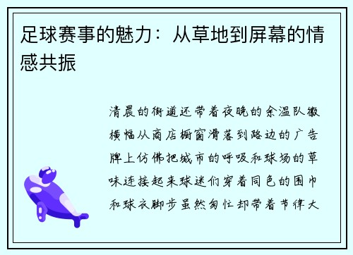 足球赛事的魅力：从草地到屏幕的情感共振