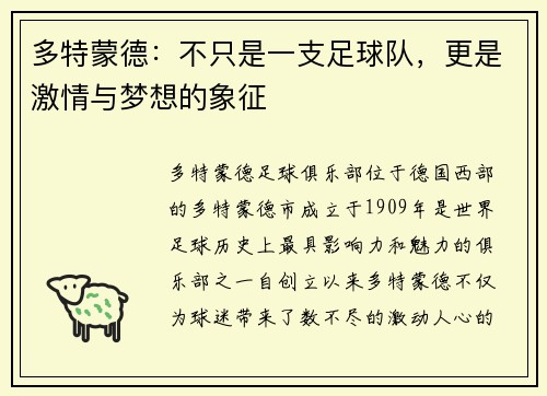 多特蒙德：不只是一支足球队，更是激情与梦想的象征