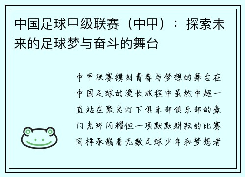 中国足球甲级联赛（中甲）：探索未来的足球梦与奋斗的舞台